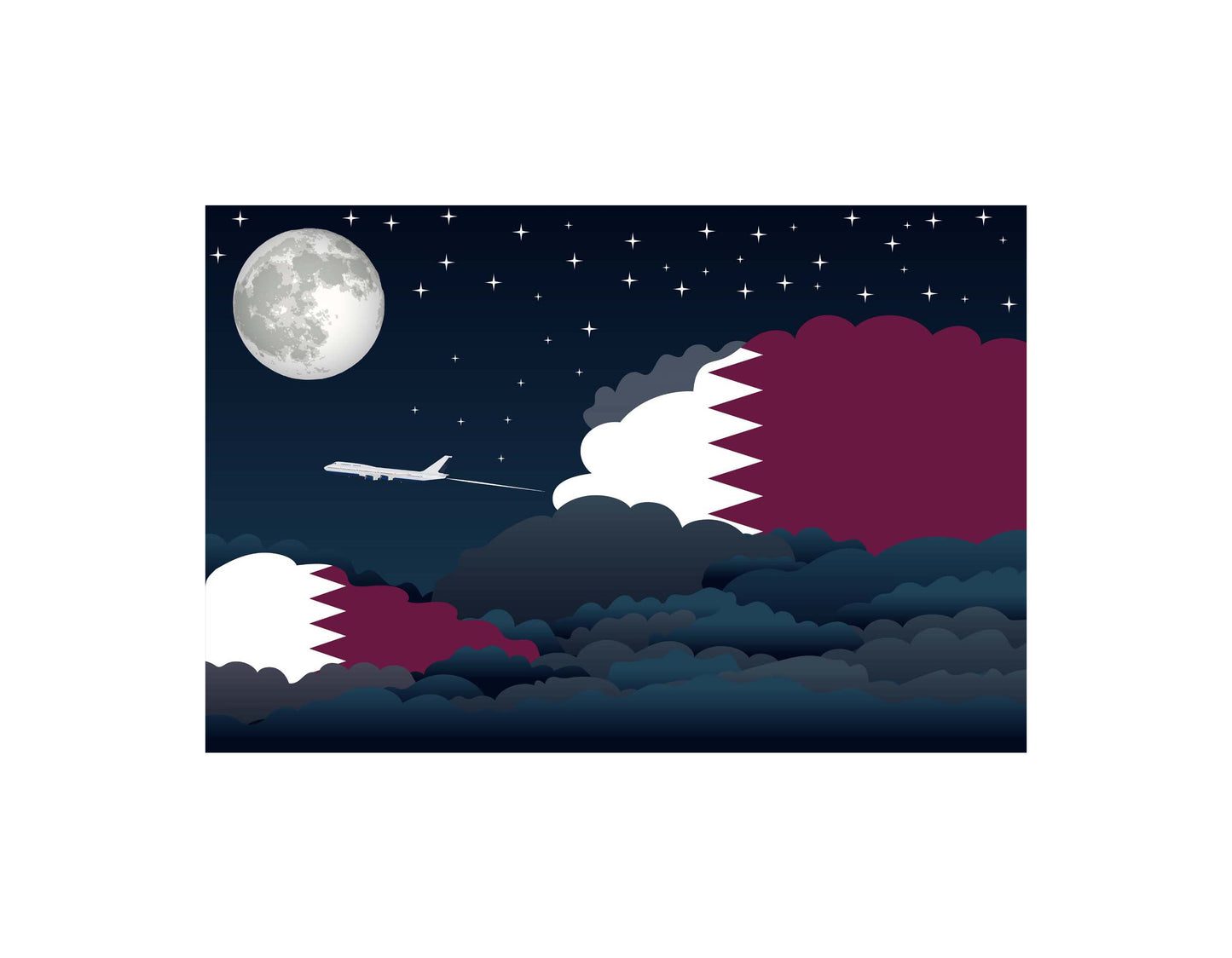Qatar Airplane Night Clouds Vector Illustrations | Aviation Night Sky Collection