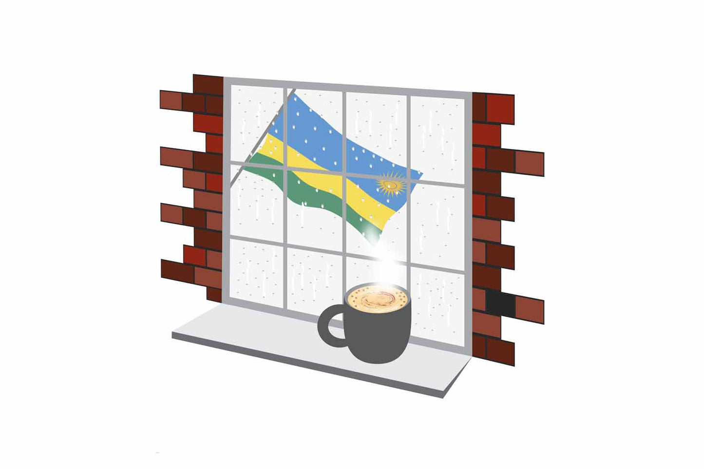 Rwanda Coffee Rain Window Vector Illustration | Cozy Café Scene
