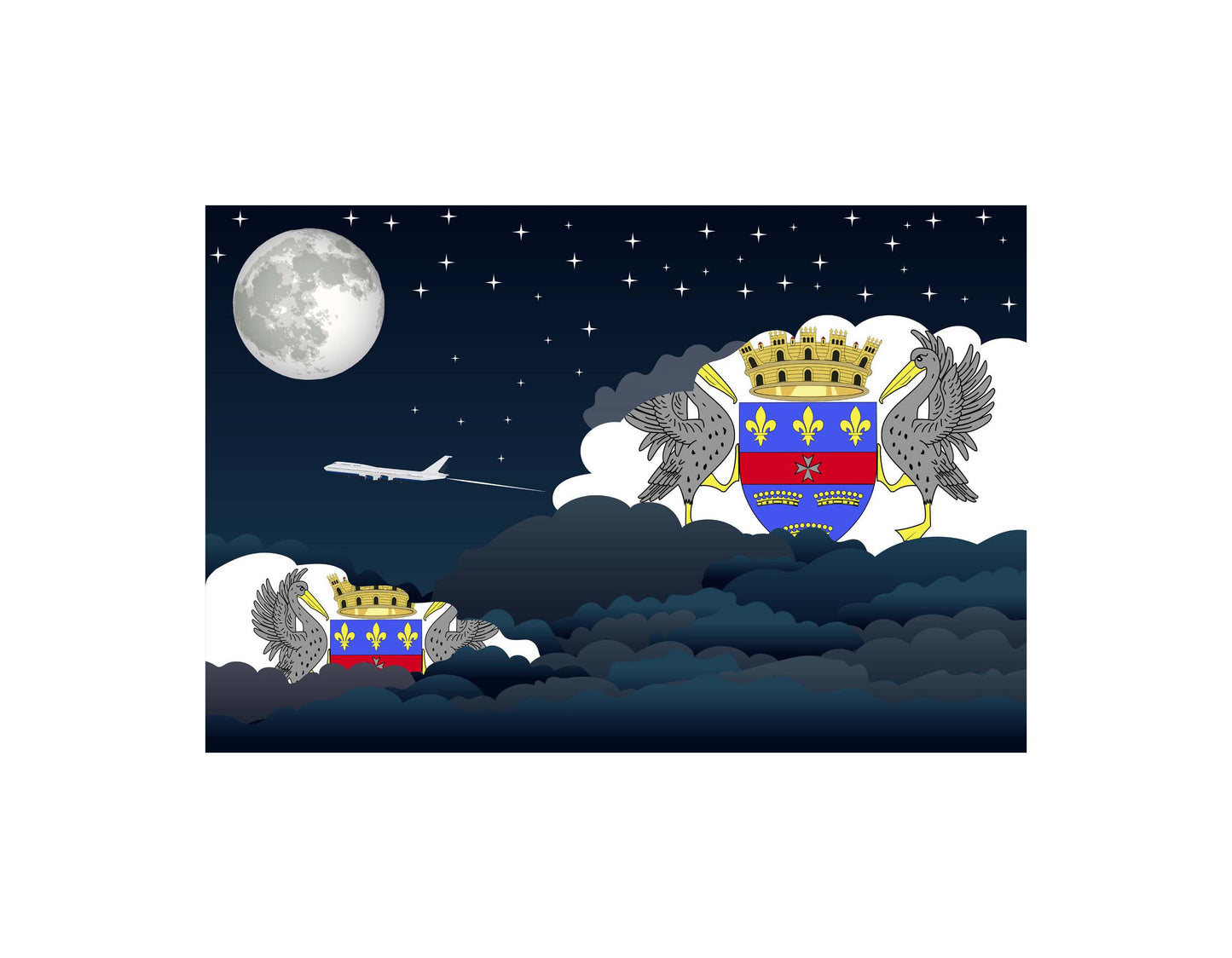 Saint Barthelemy Airplane Night Clouds Vector Illustrations | Aviation Night Sky Collection