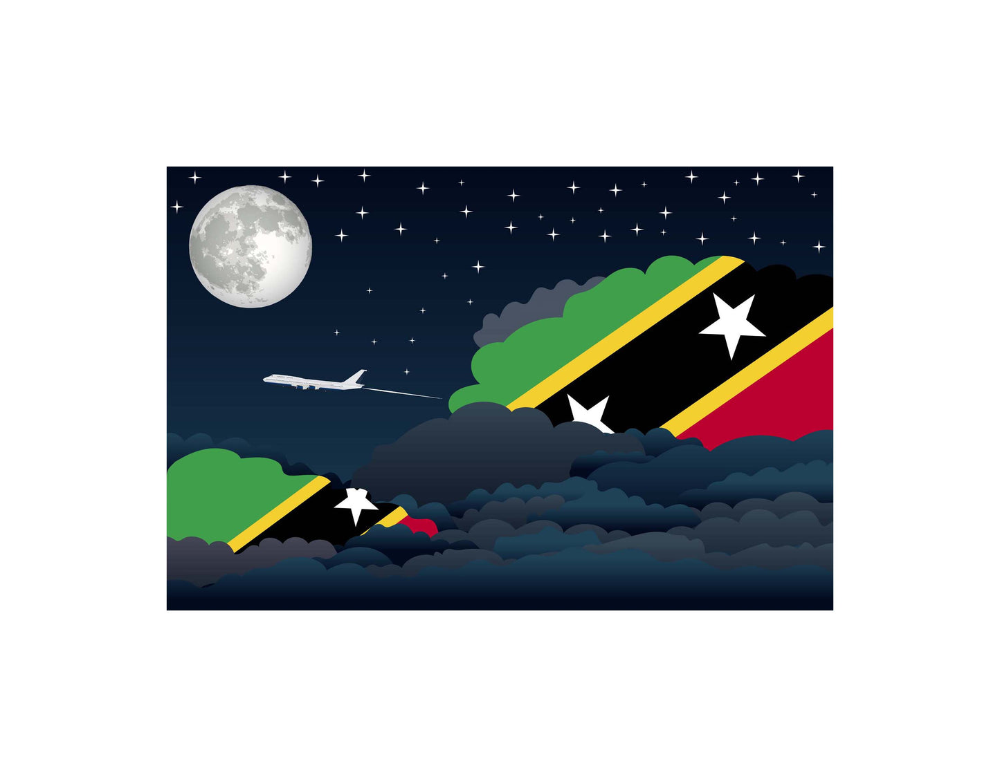 Saint Kitts and Nevis Airplane Night Clouds Vector Illustrations | Aviation Night Sky Collection