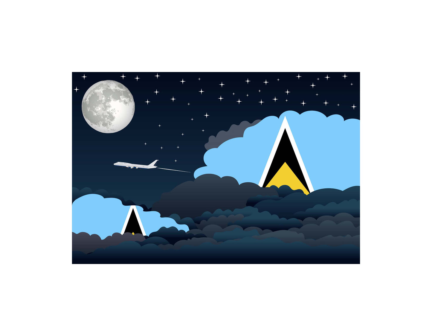 Saint Lucia Airplane Night Clouds Vector Illustrations | Aviation Night Sky Collection