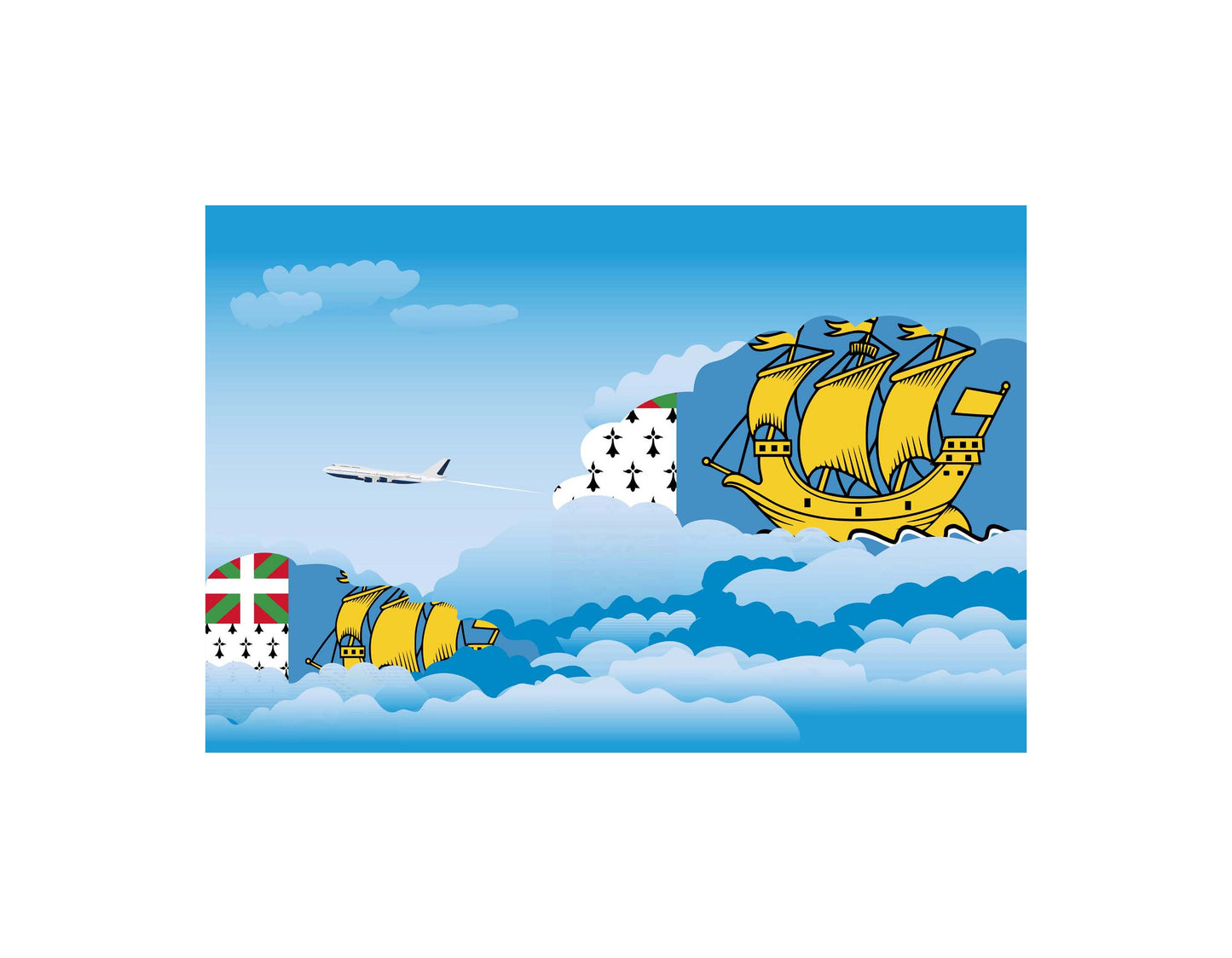 Saint Pierre and Miquelon Flag Day Clouds Aeroplane Airport Flying Vector Illustration