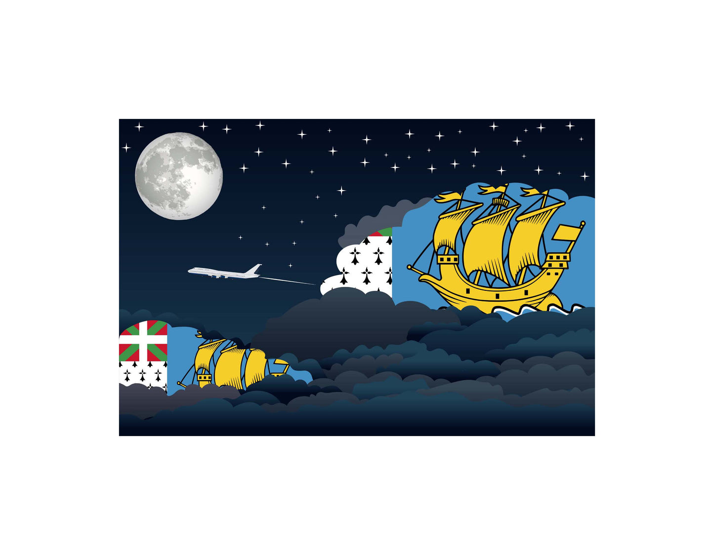 Saint Pierre and Miquelon Airplane Night Clouds Vector Illustrations | Aviation Night Sky Collection
