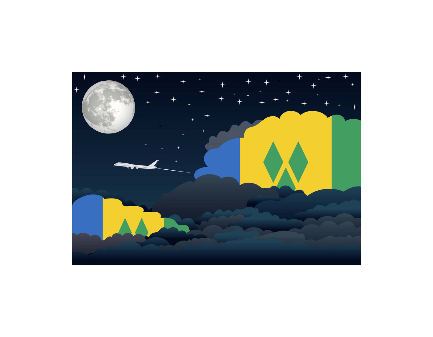 Saint Vincent and the Grenadines Airplane Night Clouds Vector Illustrations | Aviation Night Sky Collection