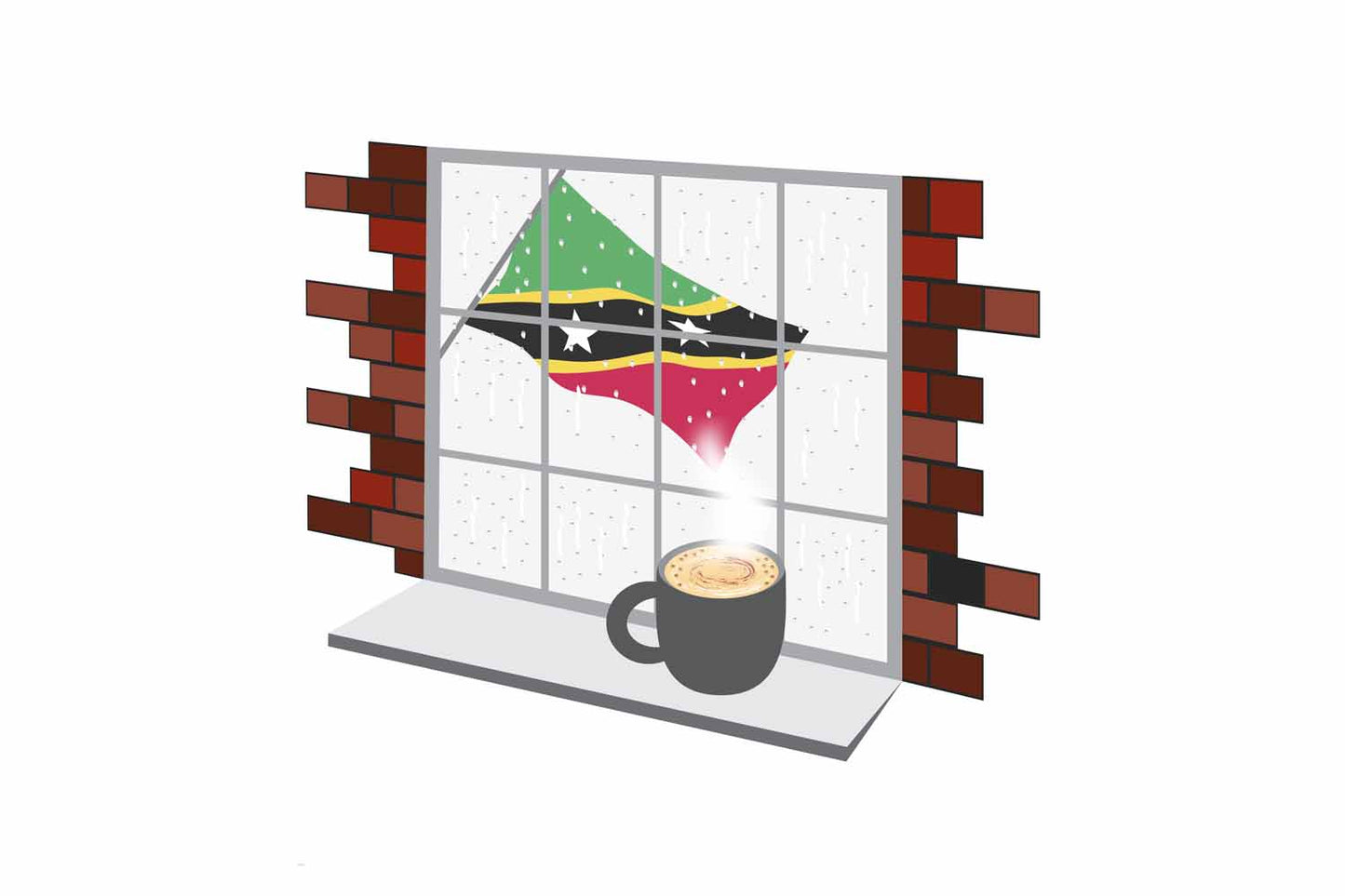 Saint Kitts and Nevis Coffee Rain Window Vector Illustration | Cozy Café Scene