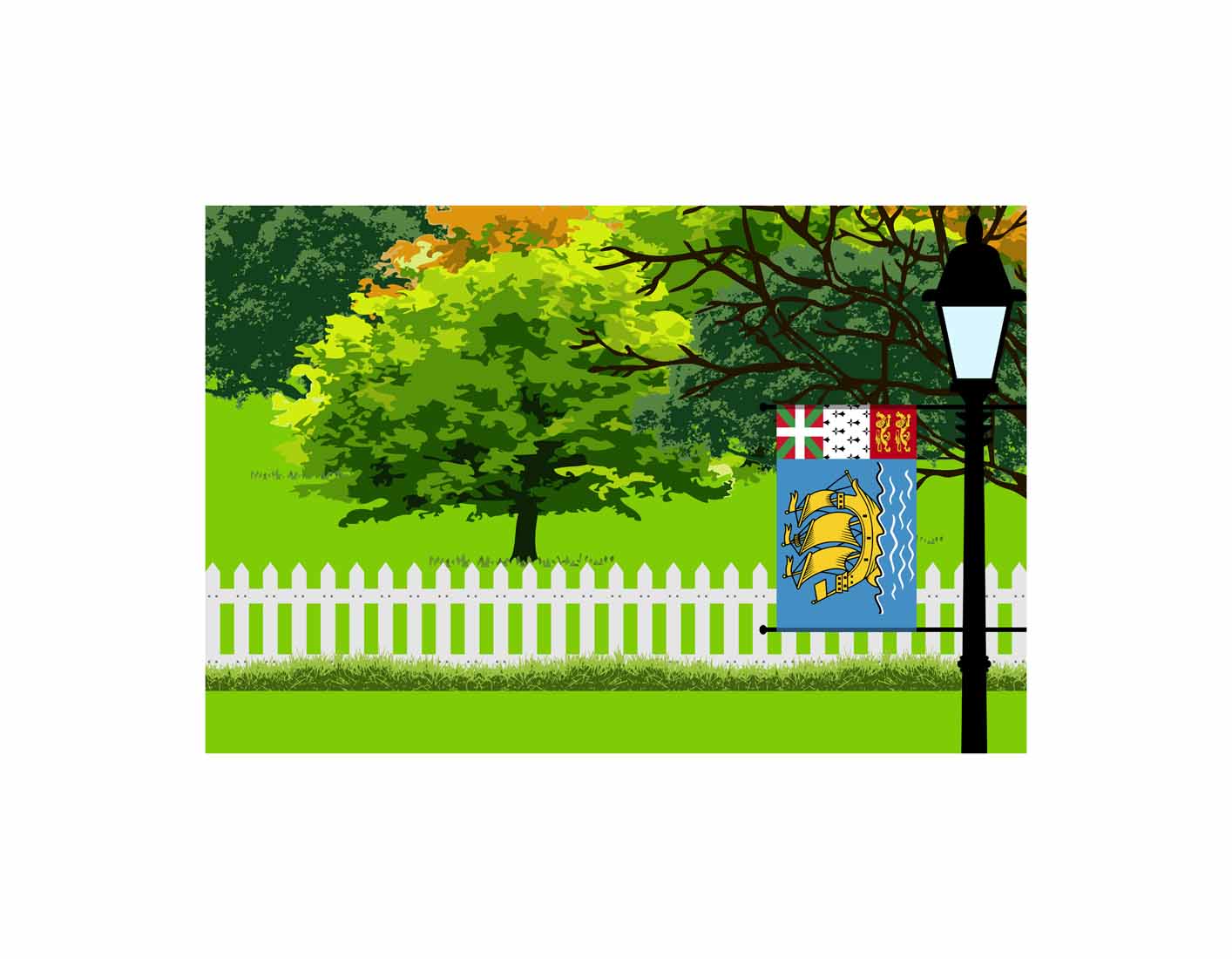 Saint Pierre and Miquelon Home Town Trees Landscape Moon Night Vector Illustrations