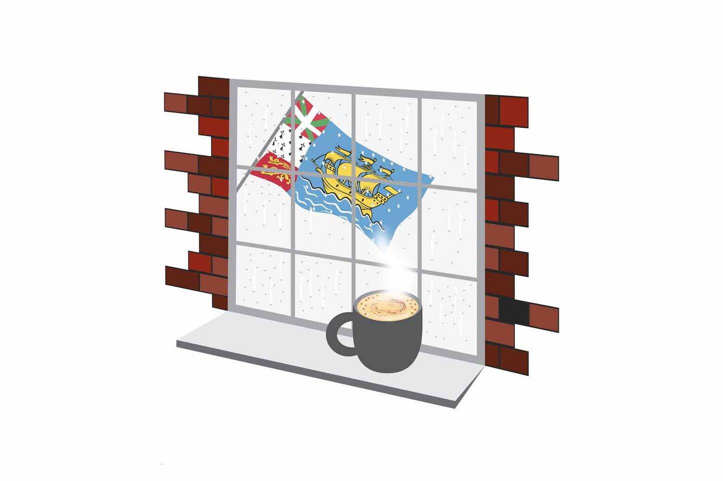 Saint Pierre and Miquelon Coffee Rain Window Vector Illustration | Cozy Café Scene