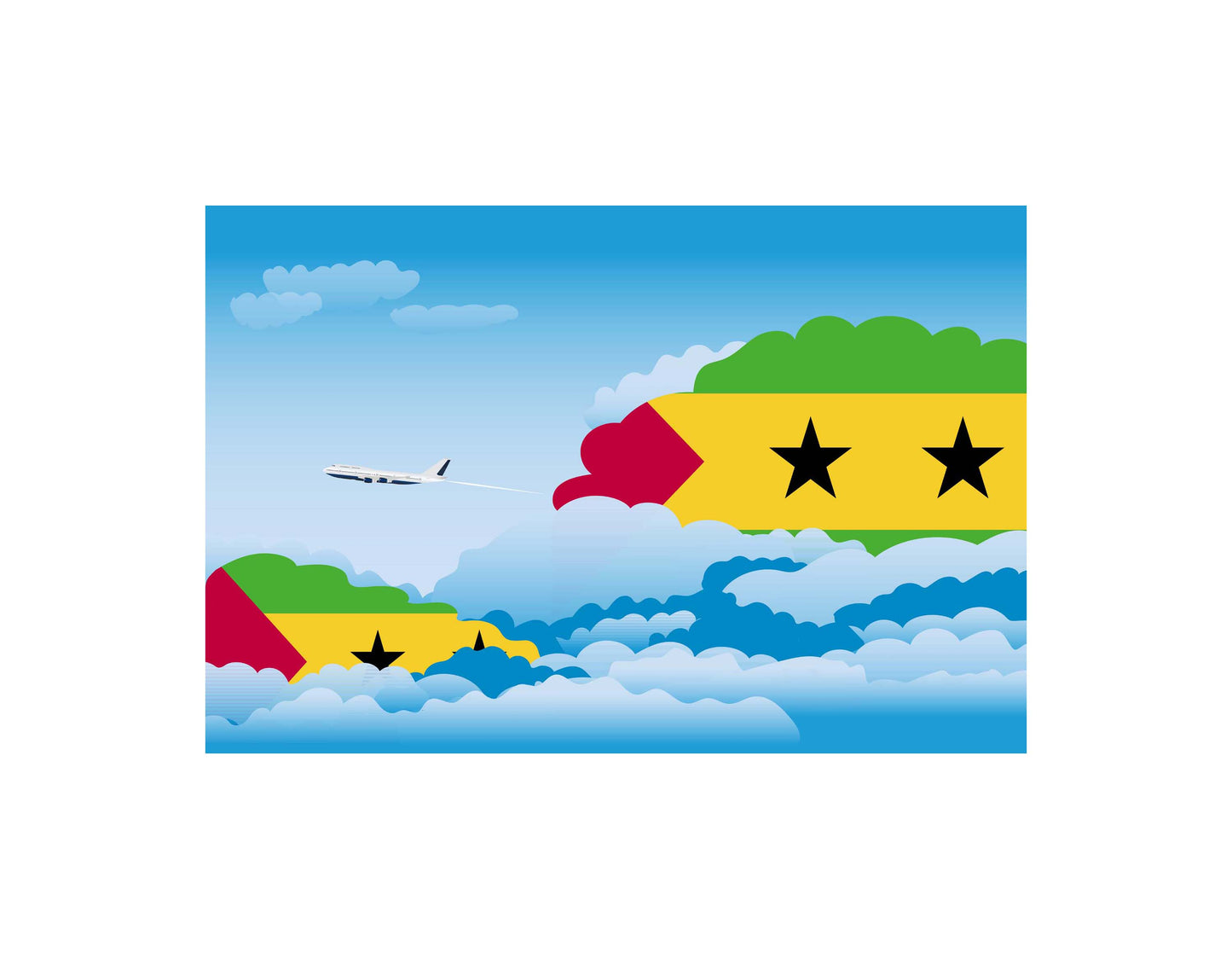 Sao Tome and Principe Airplane Day Clouds Vector Illustration | Travel & Aviation Sky Scene