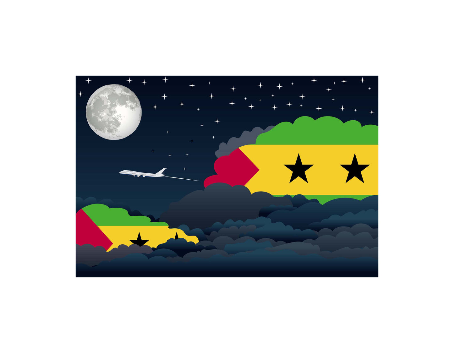 Sao Tome and Principe Airplane Night Clouds Vector Illustrations | Aviation Night Sky Collection