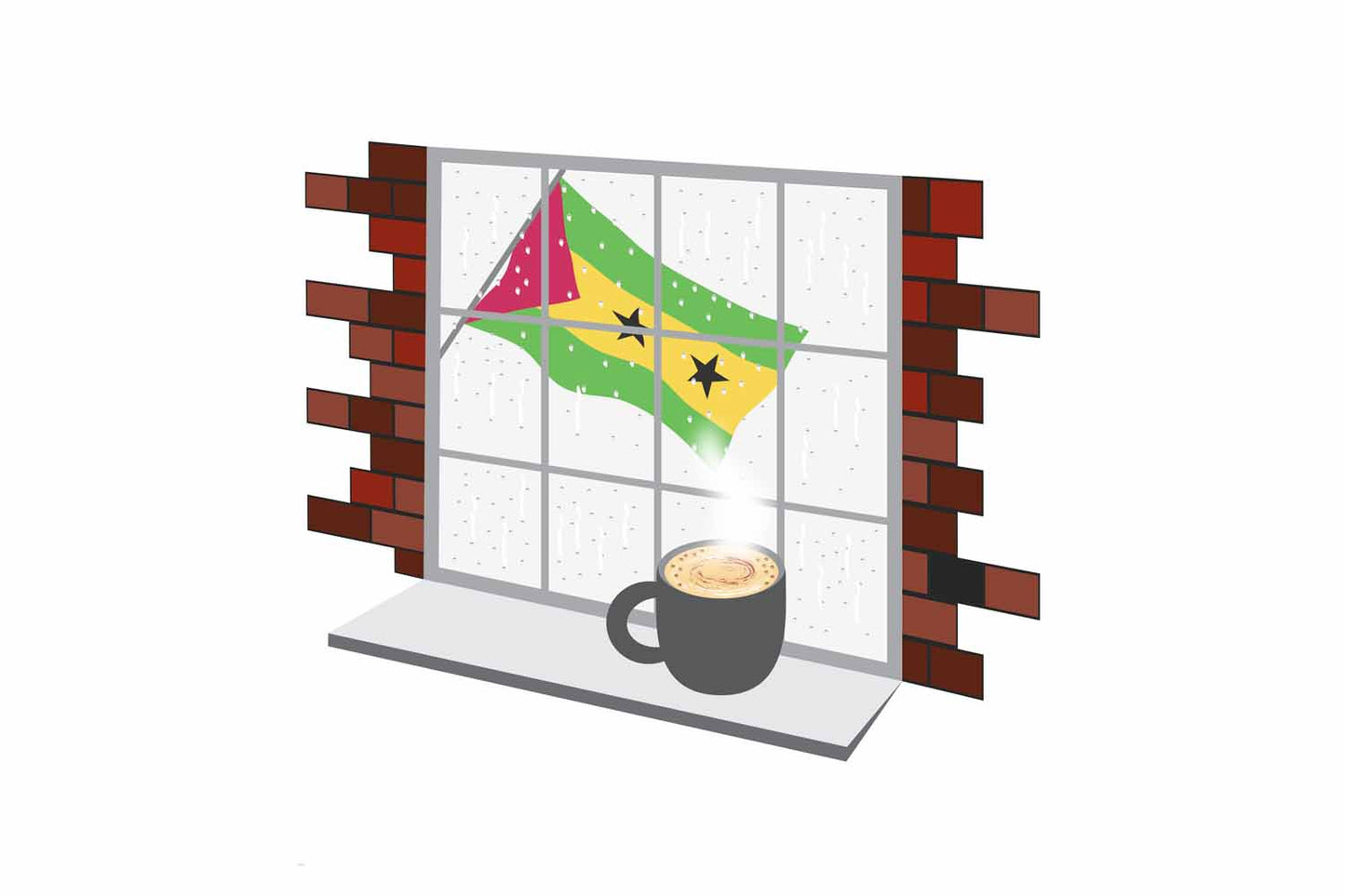 Sao Tome and Principe Coffee Rain Window Vector Illustration | Cozy Café Scene