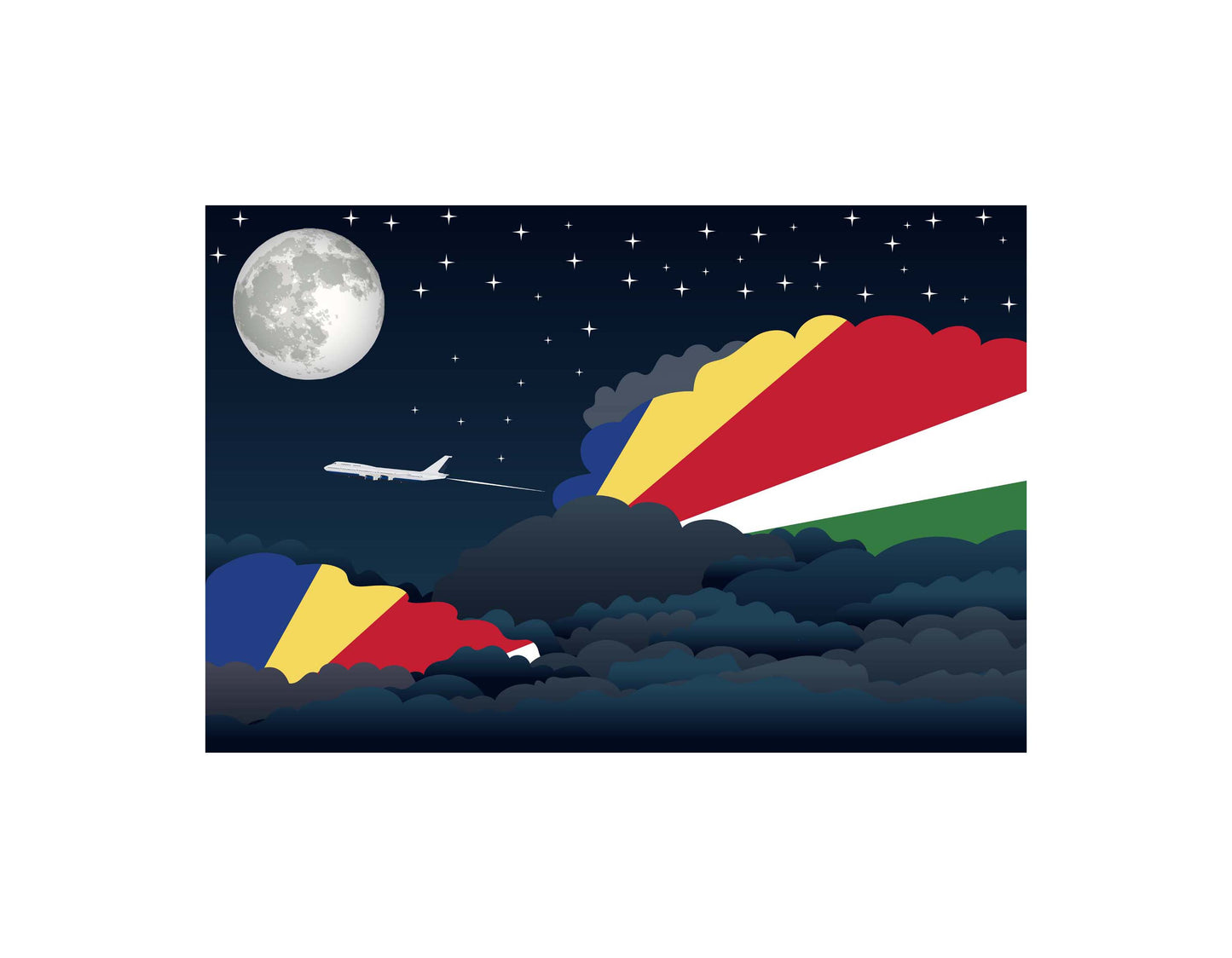 Seychelles Airplane Night Clouds Vector Illustrations | Aviation Night Sky Collection