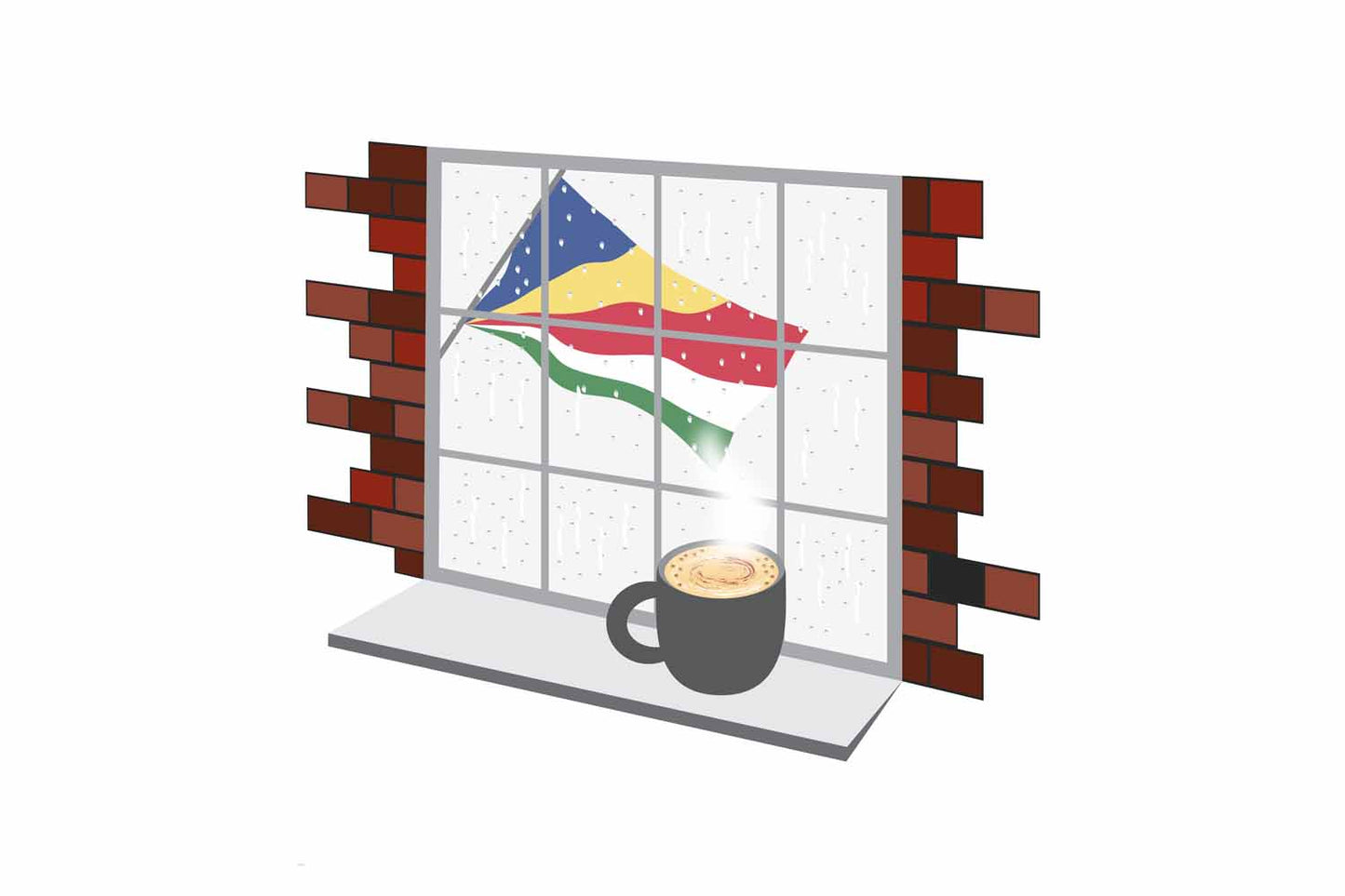 Seychelles Coffee Rain Window Vector Illustration | Cozy Café Scene