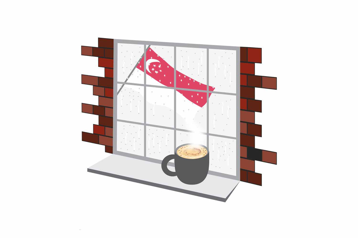 Singapore Coffee Rain Window Vector Illustration | Cozy Café Scene