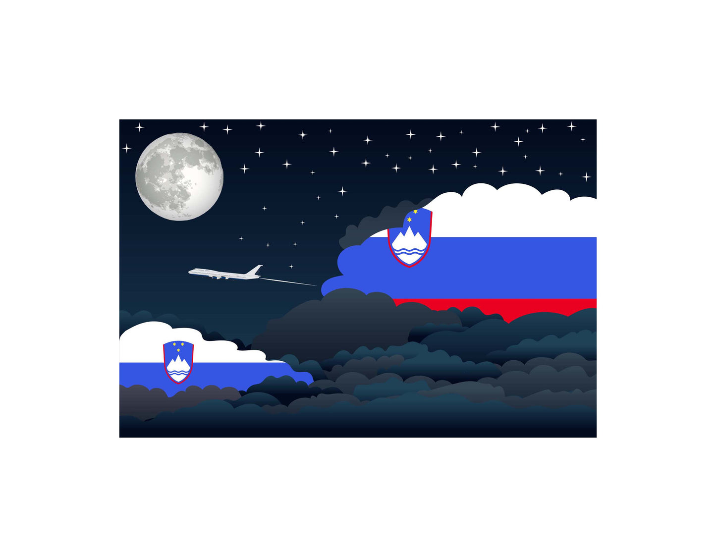 Slovenia Airplane Night Clouds Vector Illustrations | Aviation Night Sky Collection