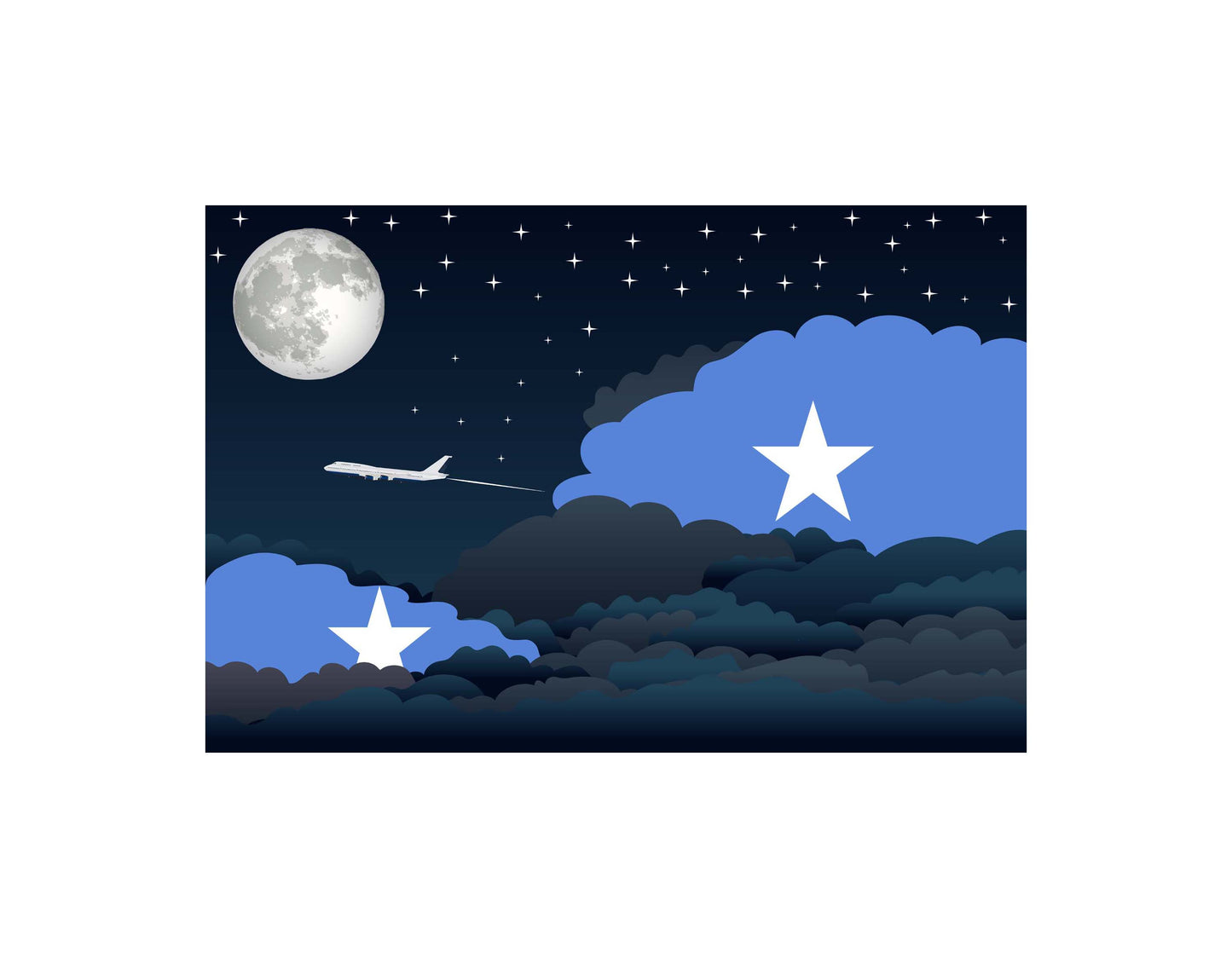 Somalia Airplane Night Clouds Vector Illustrations | Aviation Night Sky Collection