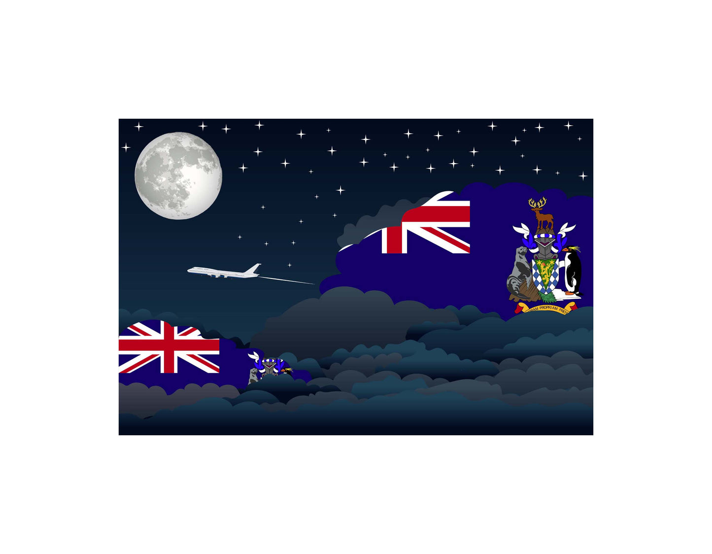 South Georgia and the South Sandwich Islands Airplane Night Clouds Vector Illustrations | Aviation Night Sky Collection