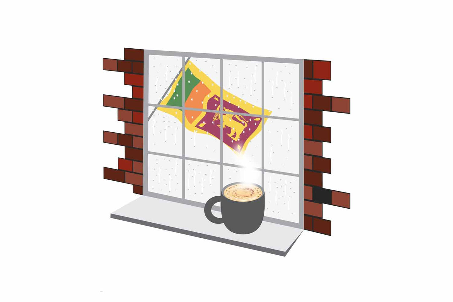 Sri Lanka Coffee Rain Window Vector Illustration | Cozy Café Scene