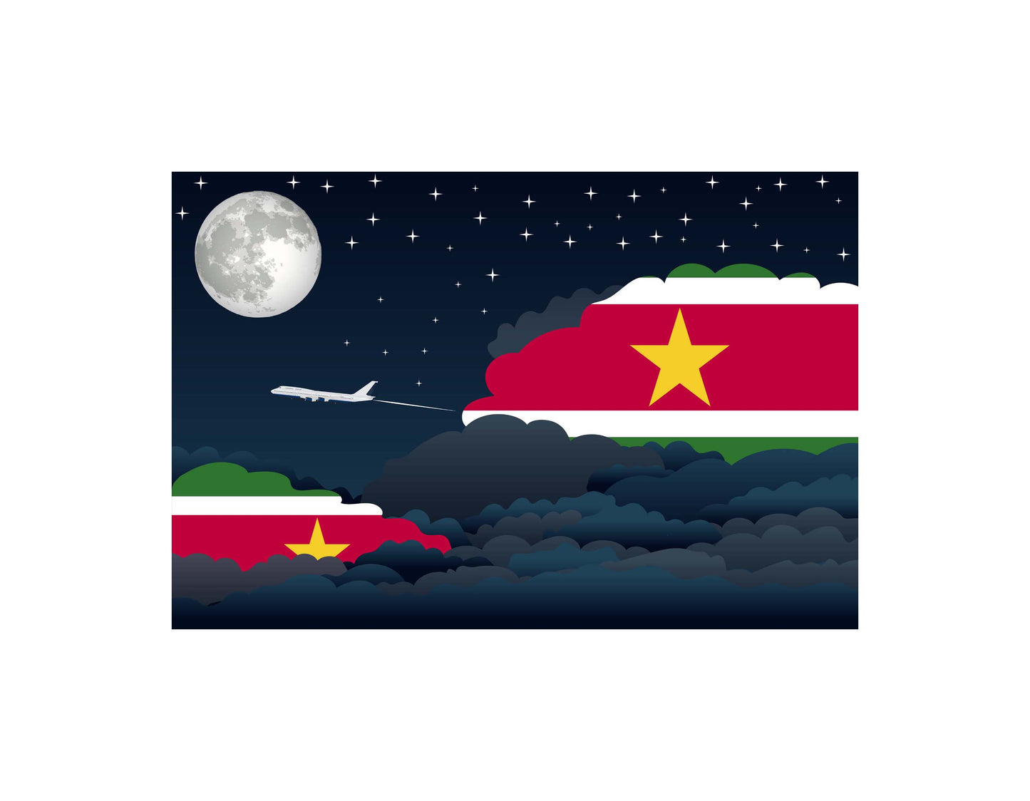 Suriname Airplane Night Clouds Vector Illustrations | Aviation Night Sky Collection