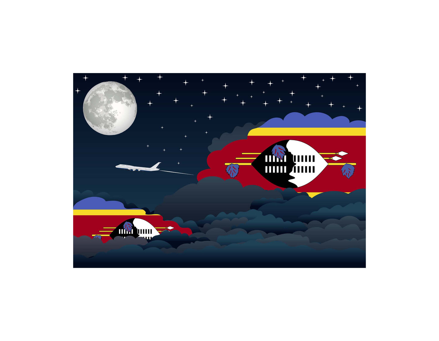 Swaziland Airplane Night Clouds Vector Illustrations | Aviation Night Sky Collection