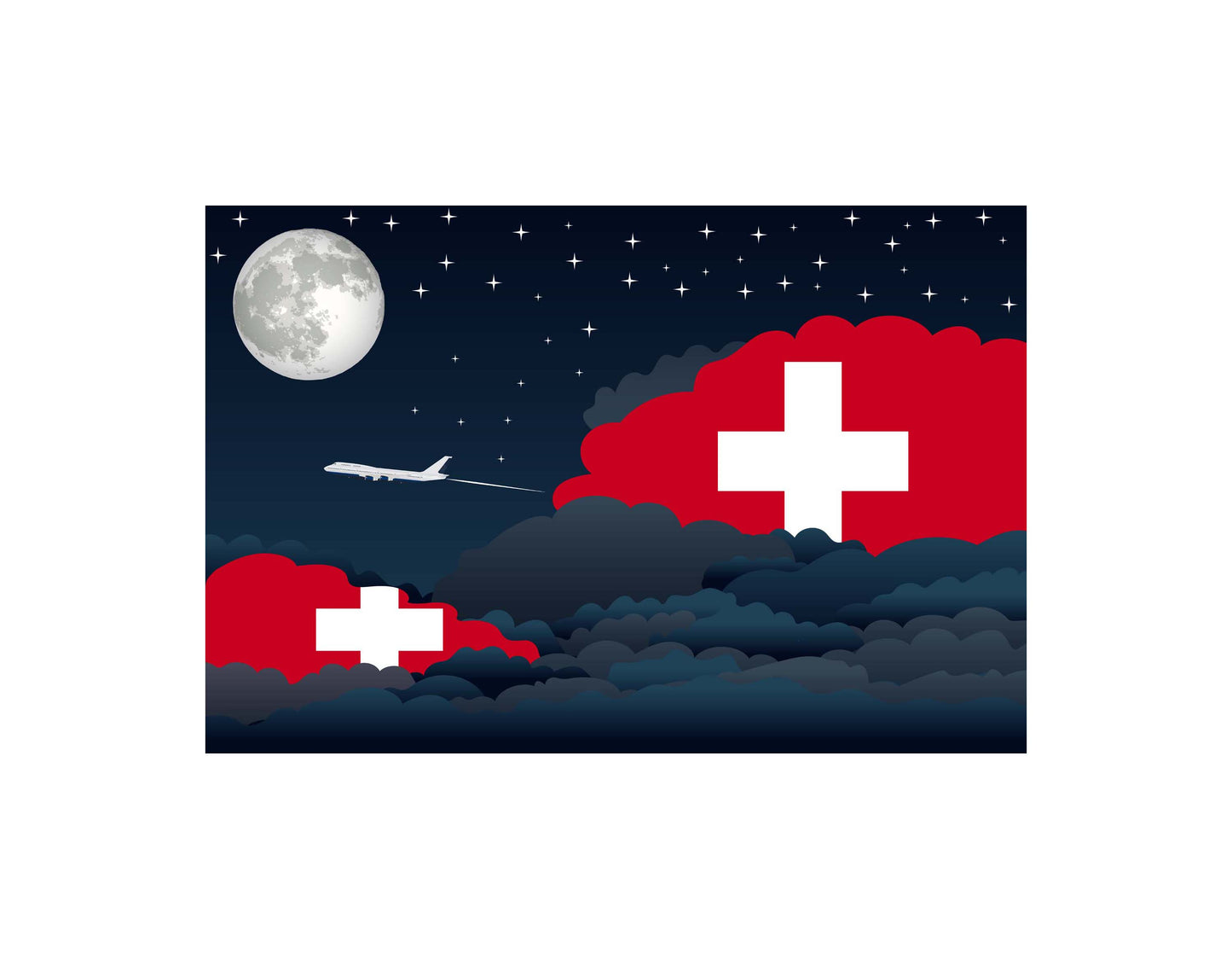 Switzerland Airplane Night Clouds Vector Illustrations | Aviation Night Sky Collection