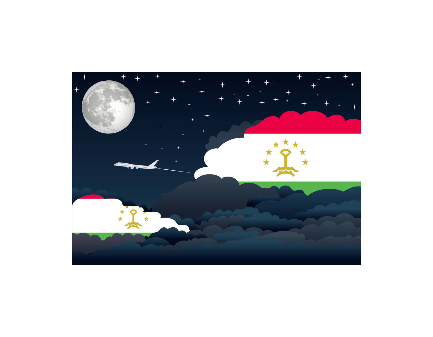 Tajikistan Flag Night Clouds Aeroplane Airport Flying Vector Illustration