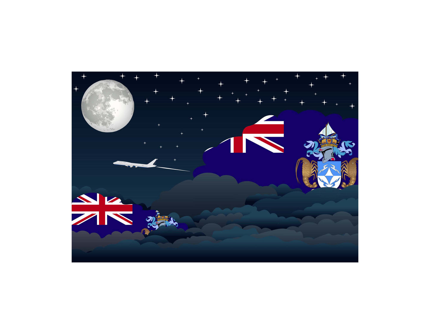 Tristan da Cunha Airplane Night Clouds Vector Illustrations | Aviation Night Sky Collection