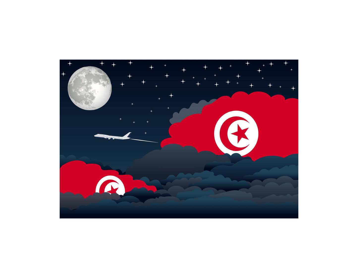Tunisia Airplane Night Clouds Vector Illustrations | Aviation Night Sky Collection