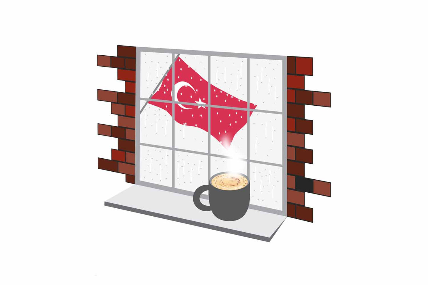 Turkey Coffee Rain Window Vector Illustration | Cozy Café Scene