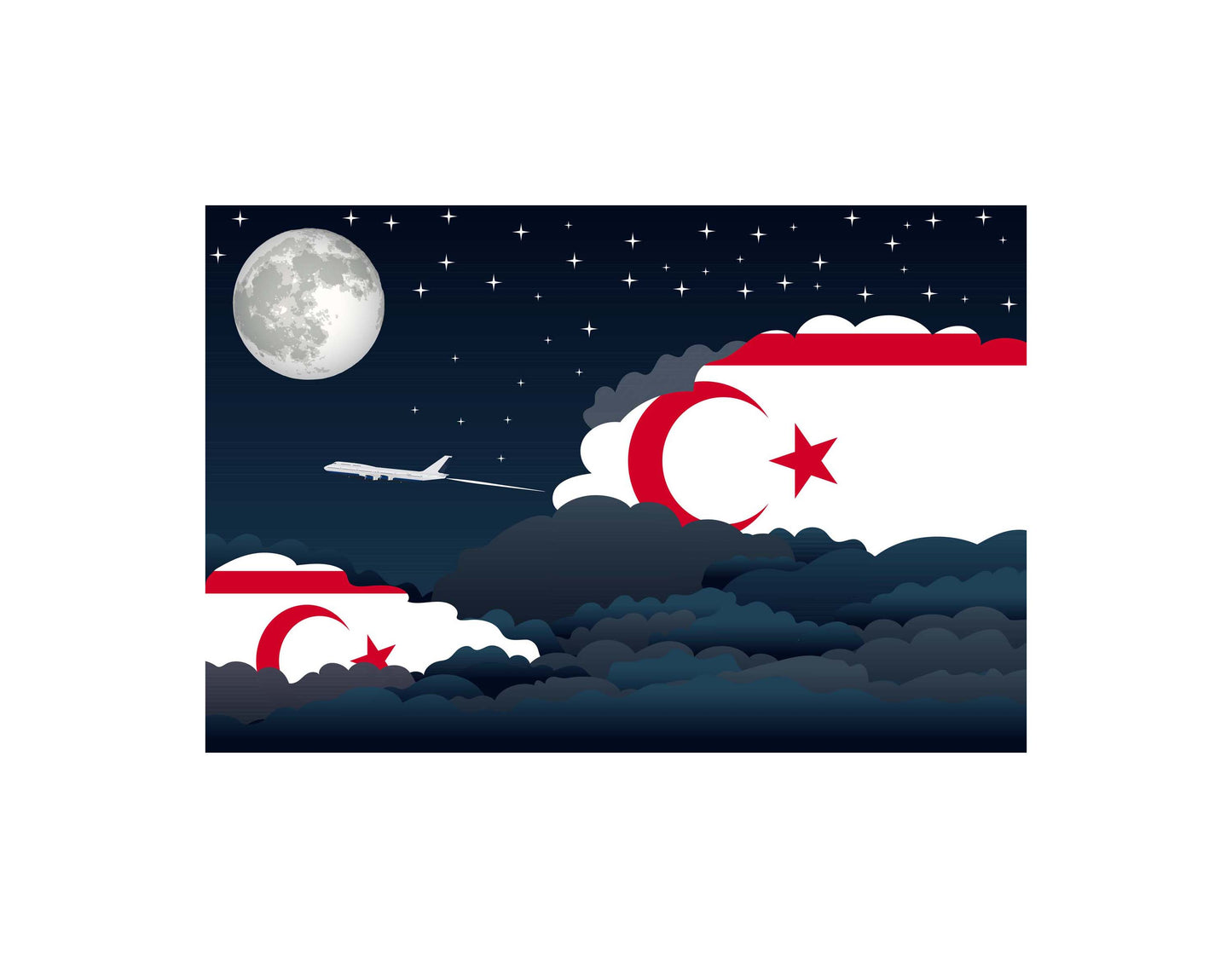 Turkish Republic of Northern Cyprus Airplane Night Clouds Vector Illustrations | Aviation Night Sky Collection
