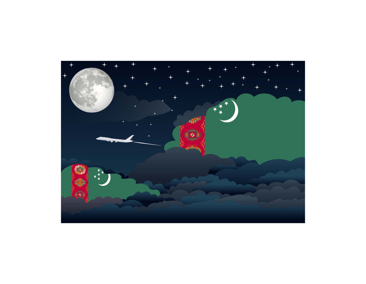 Turkmenistan Airplane Night Clouds Vector Illustrations | Aviation Night Sky Collection
