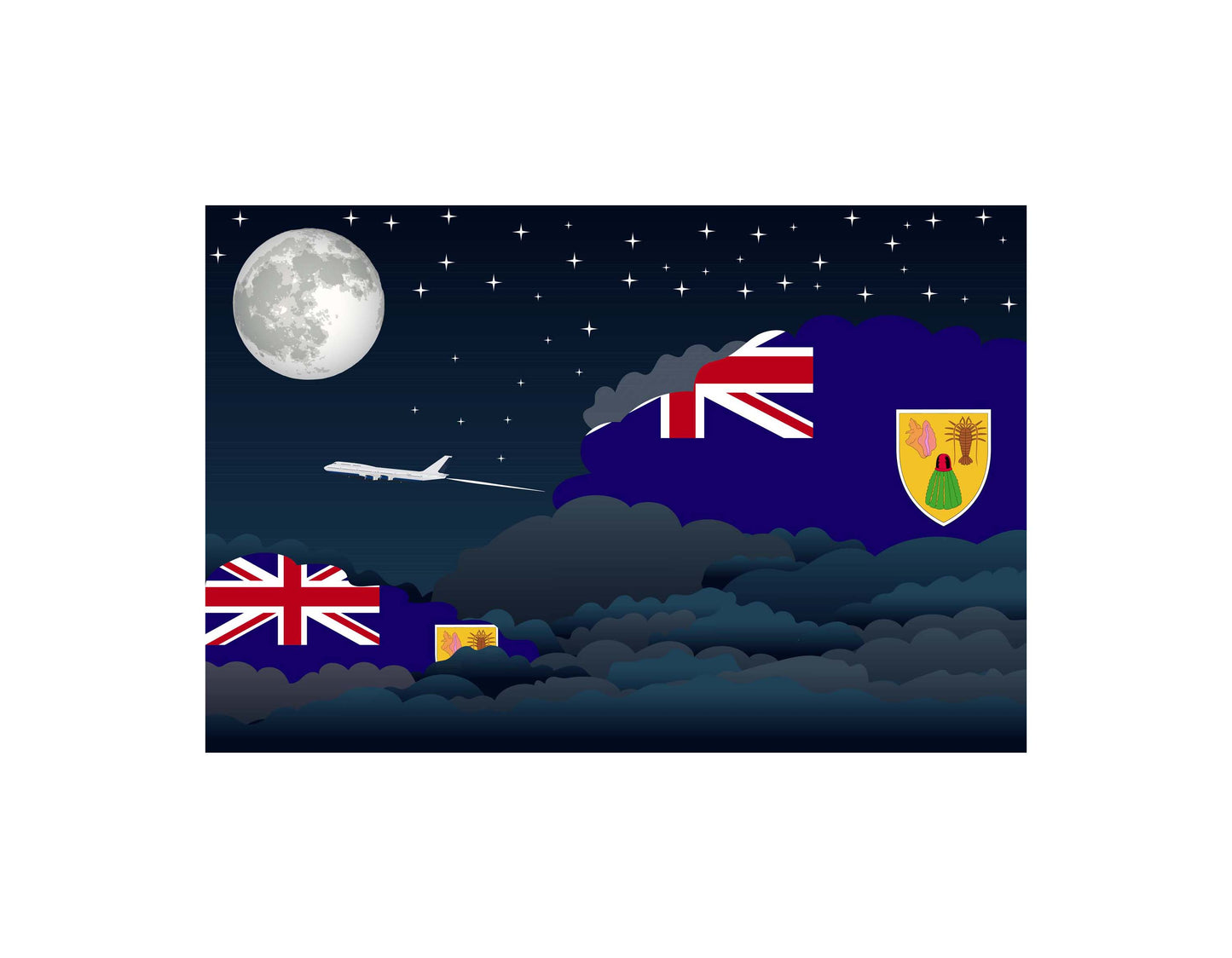 Turks and Caicos Islands Airplane Night Clouds Vector Illustrations | Aviation Night Sky Collection