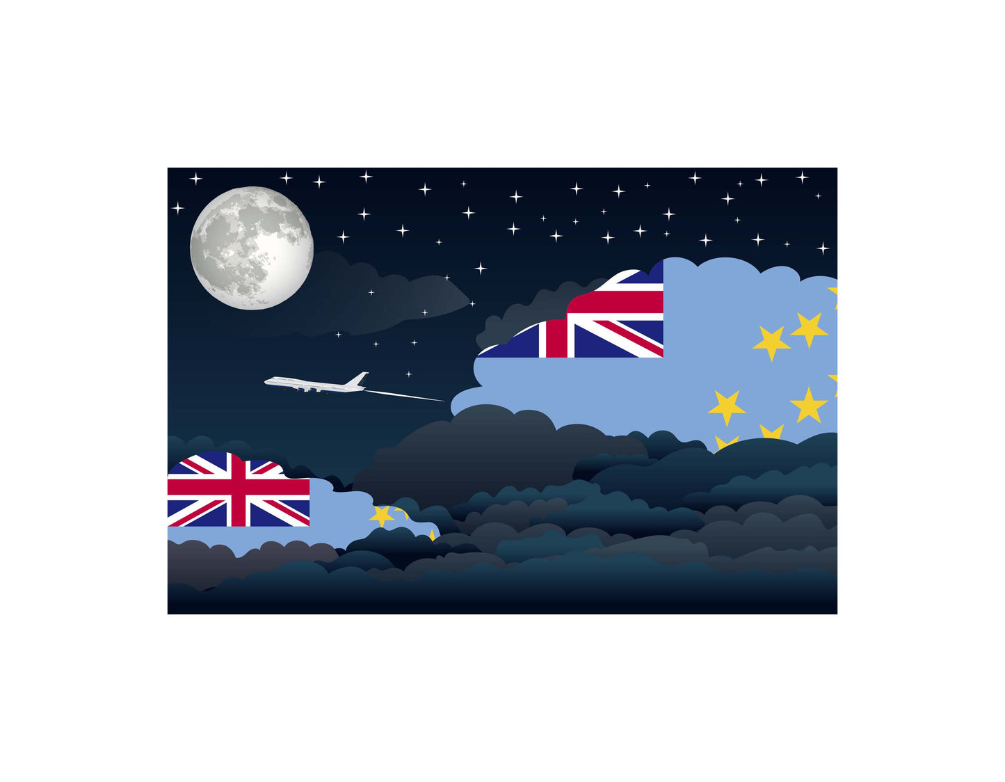 Tuvalu Airplane Night Clouds Vector Illustrations | Aviation Night Sky Collection