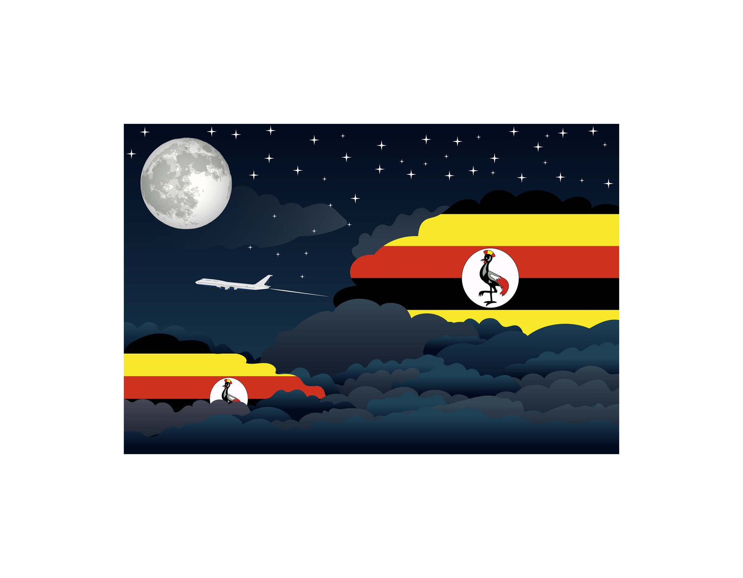 Uganda Airplane Night Clouds Vector Illustrations | Aviation Night Sky Collection