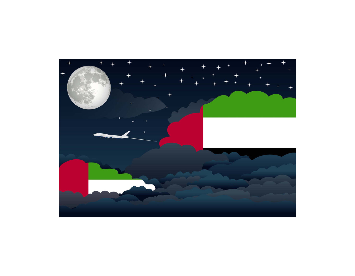 United Arab Emirates Airplane Night Clouds Vector Illustrations | Aviation Night Sky Collection