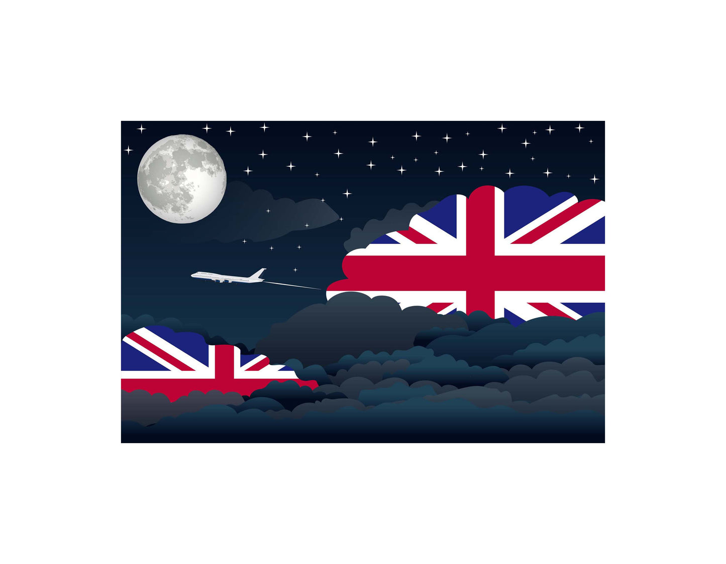 United Kingdom England Scotland British Britain Airplane Night Clouds Vector Illustrations | Aviation Night Sky Collection