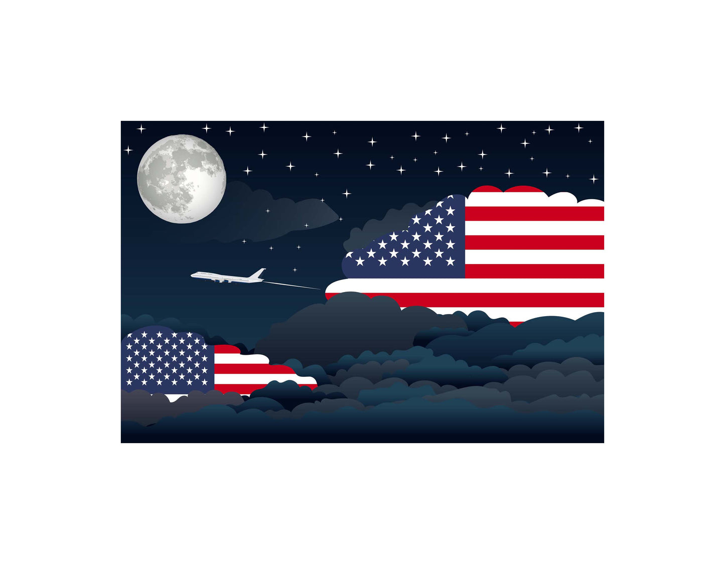 USA America American United States of America Airplane Night Clouds Vector Illustrations | Aviation Night Sky Collection