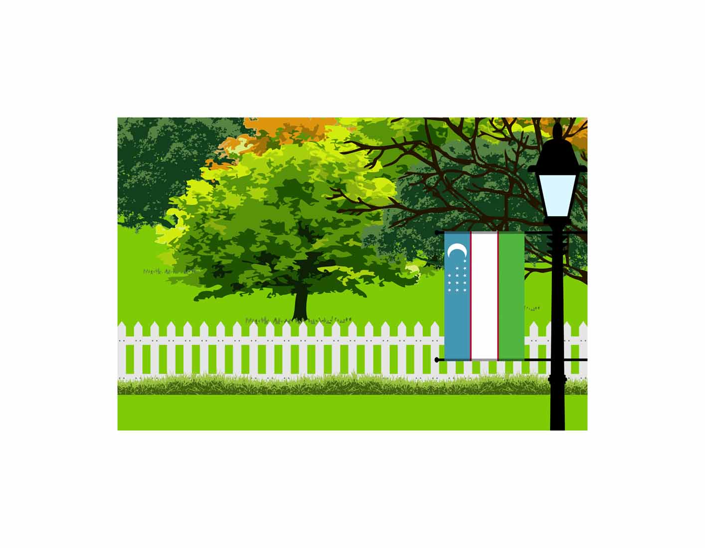 Uzbekistan Flag Trees Street Lamp Vector Illustration