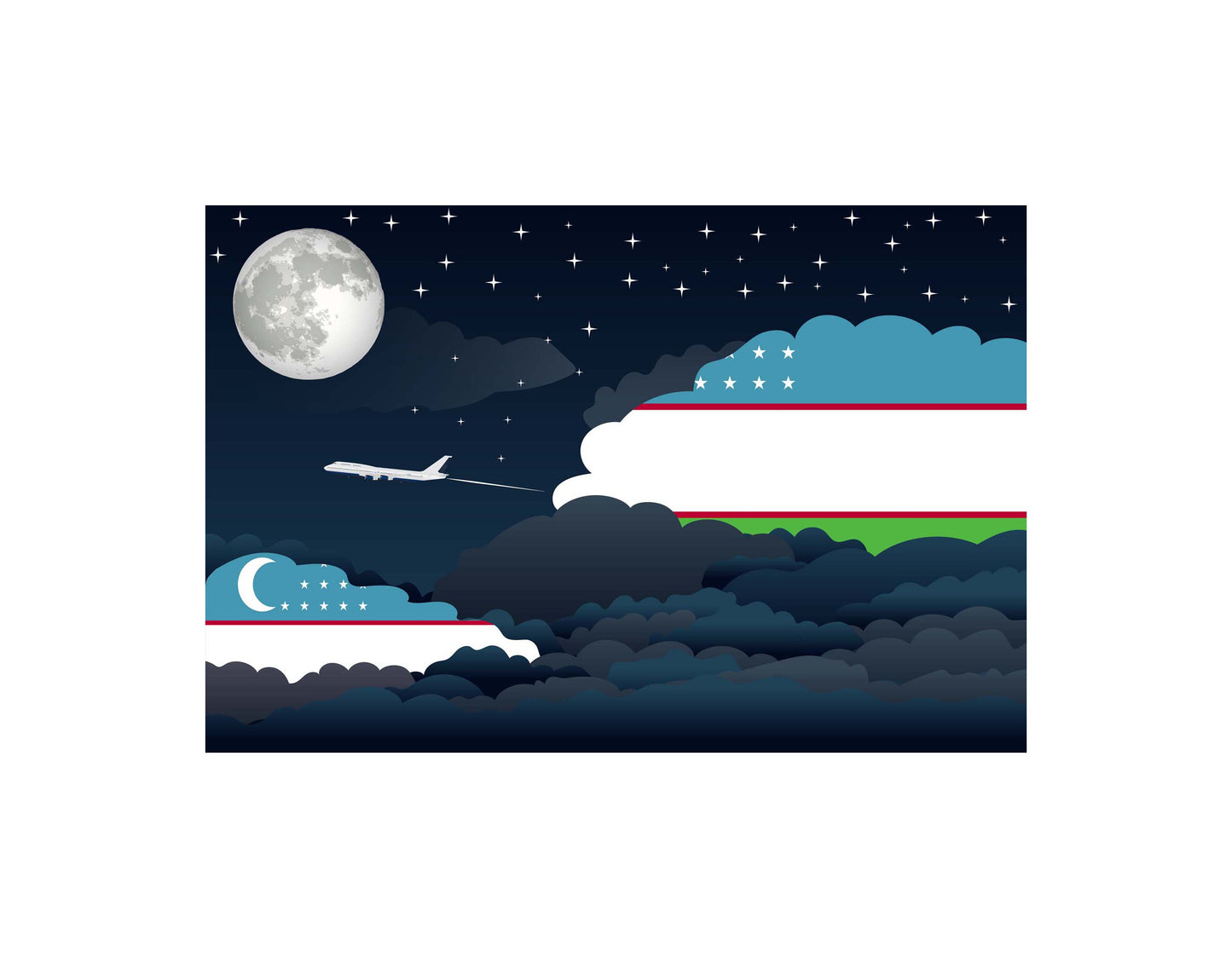 Uzbekistan Airplane Night Clouds Vector Illustrations | Aviation Night Sky Collection