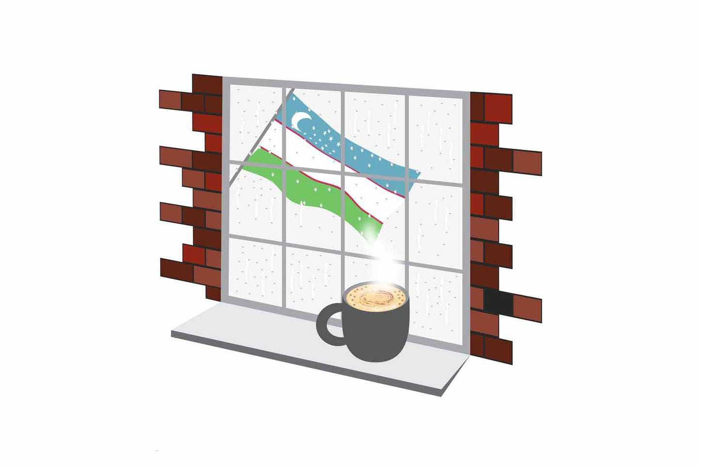 Uzbekistan Coffee Rain Window Vector Illustration | Cozy Café Scene