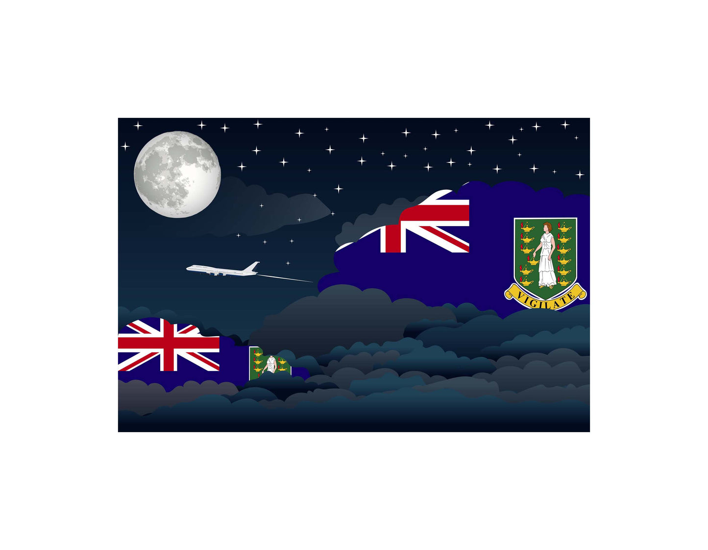 Virgin Islands UK Airplane Night Clouds Vector Illustrations | Aviation Night Sky Collection