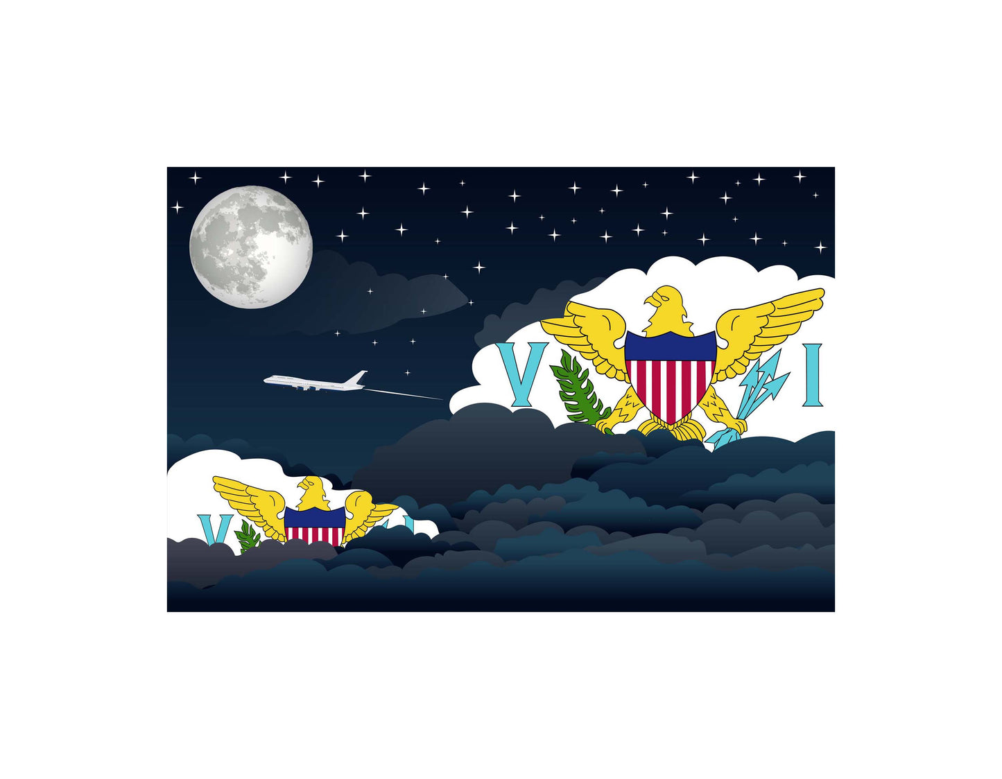 Virgin Islands US Night Clouds Airplane Airport Flight Vector Illustration