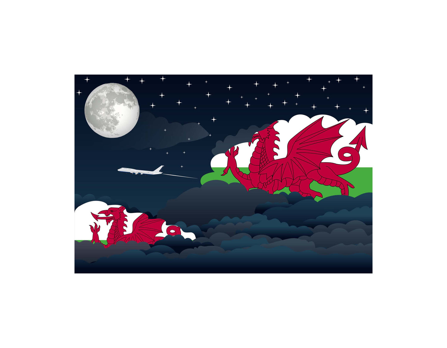 Wales Airplane Night Clouds Vector Illustrations | Aviation Night Sky Collection