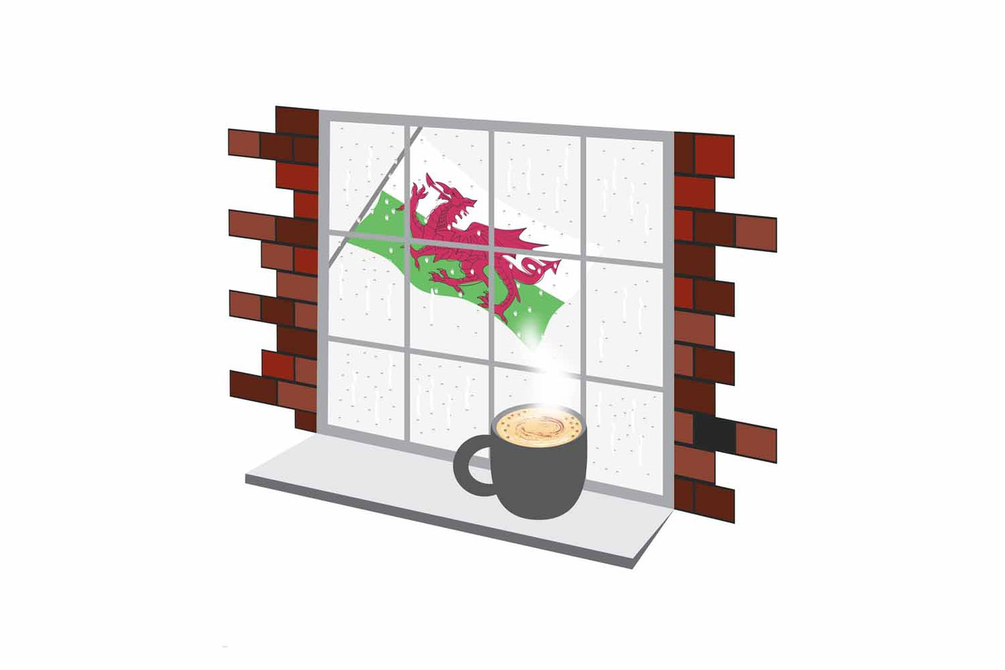 Wales Coffee Rain Window Vector Illustration | Cozy Café Scene