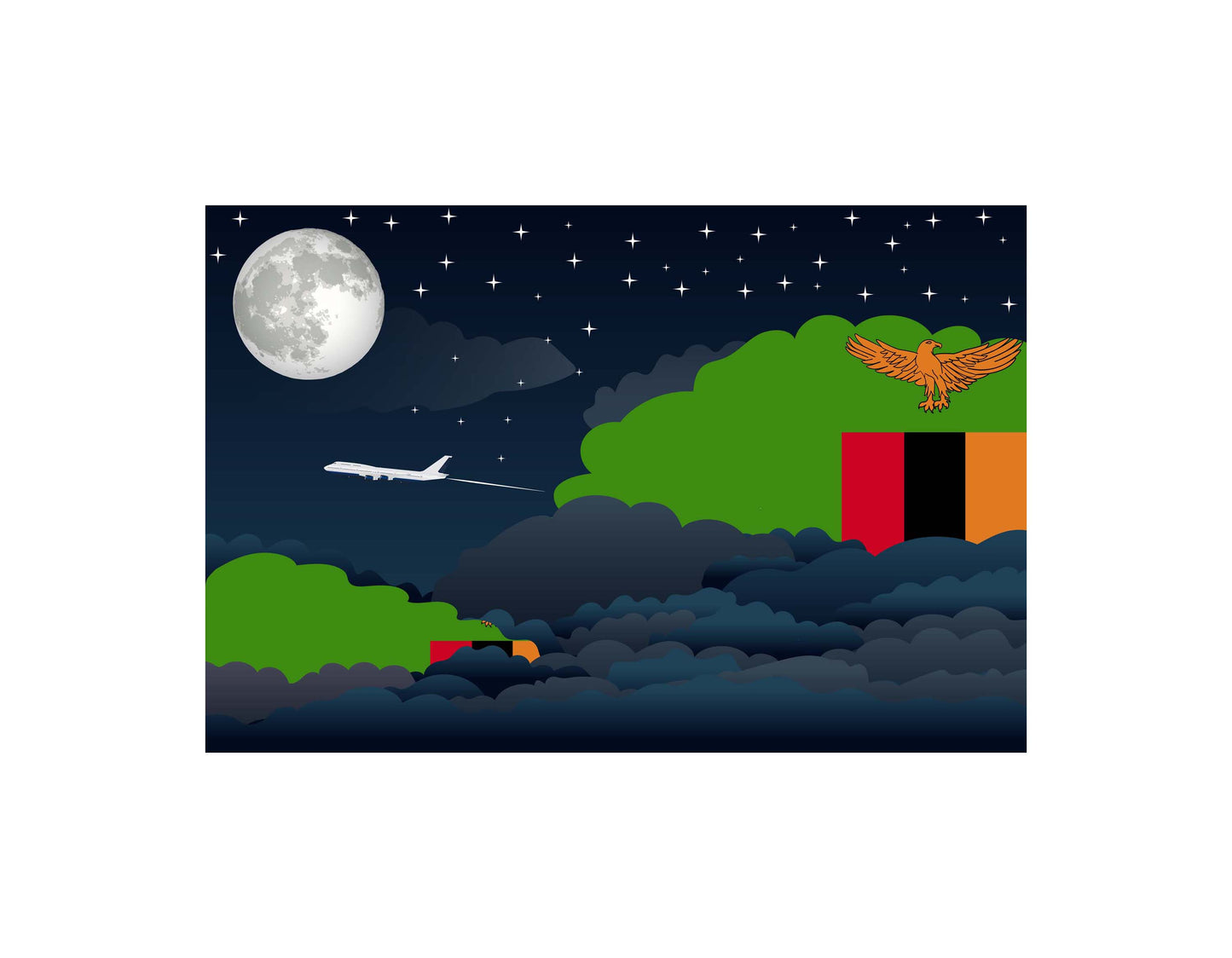 Zambia Airplane Night Clouds Vector Illustrations | Aviation Night Sky Collection