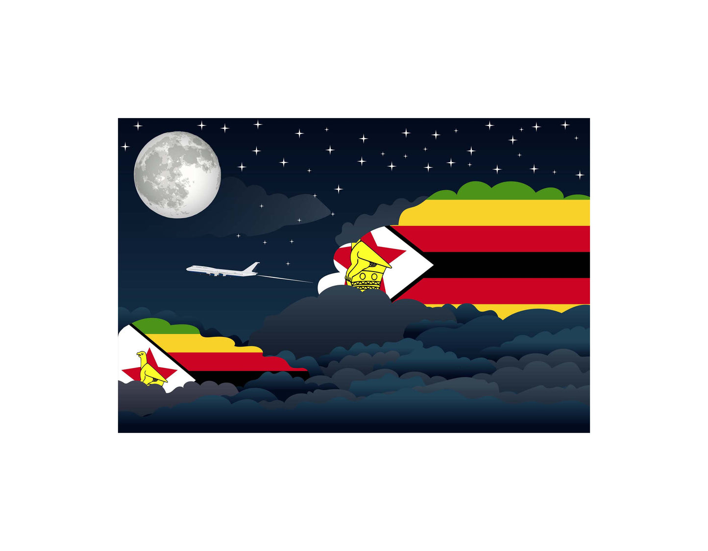 Zimbabwe Airplane Night Clouds Vector Illustrations | Aviation Night Sky Collection