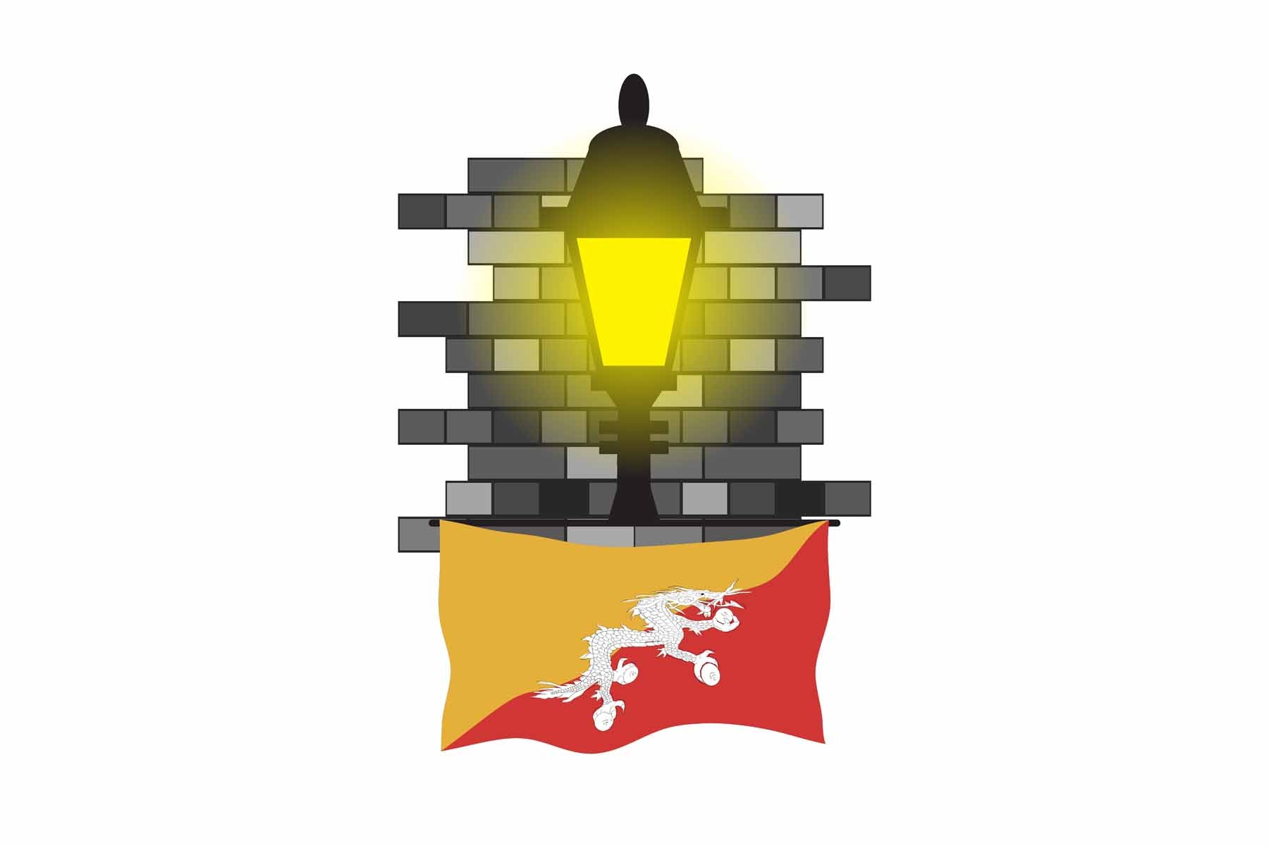 Bhutan World Street Lamp Bricks Dark Night Vector Illustrations | Moonlit Urban Landscape Collection
