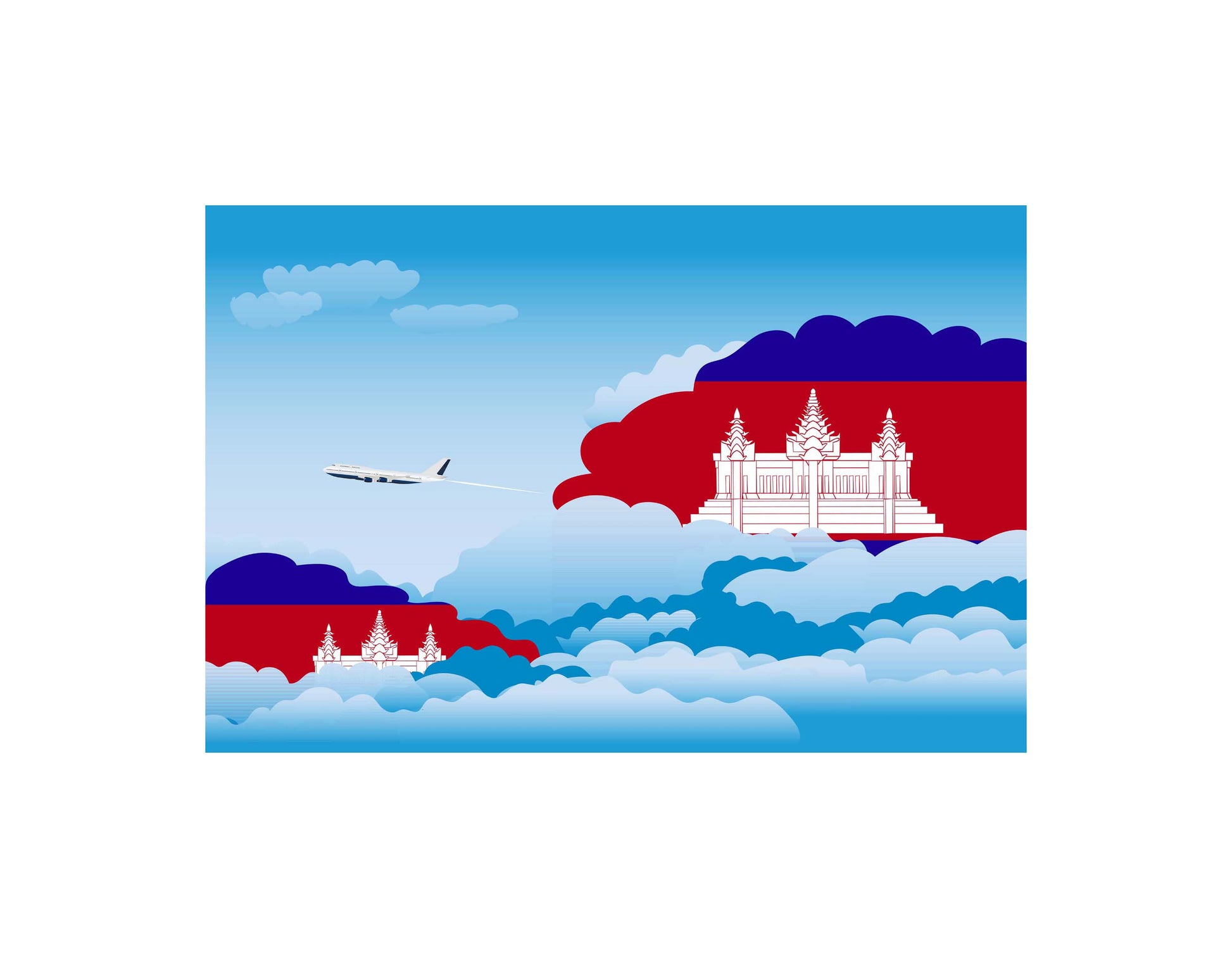 Cambodia Airplane Day Clouds Vector Illustration | Travel & Aviation Sky Scene