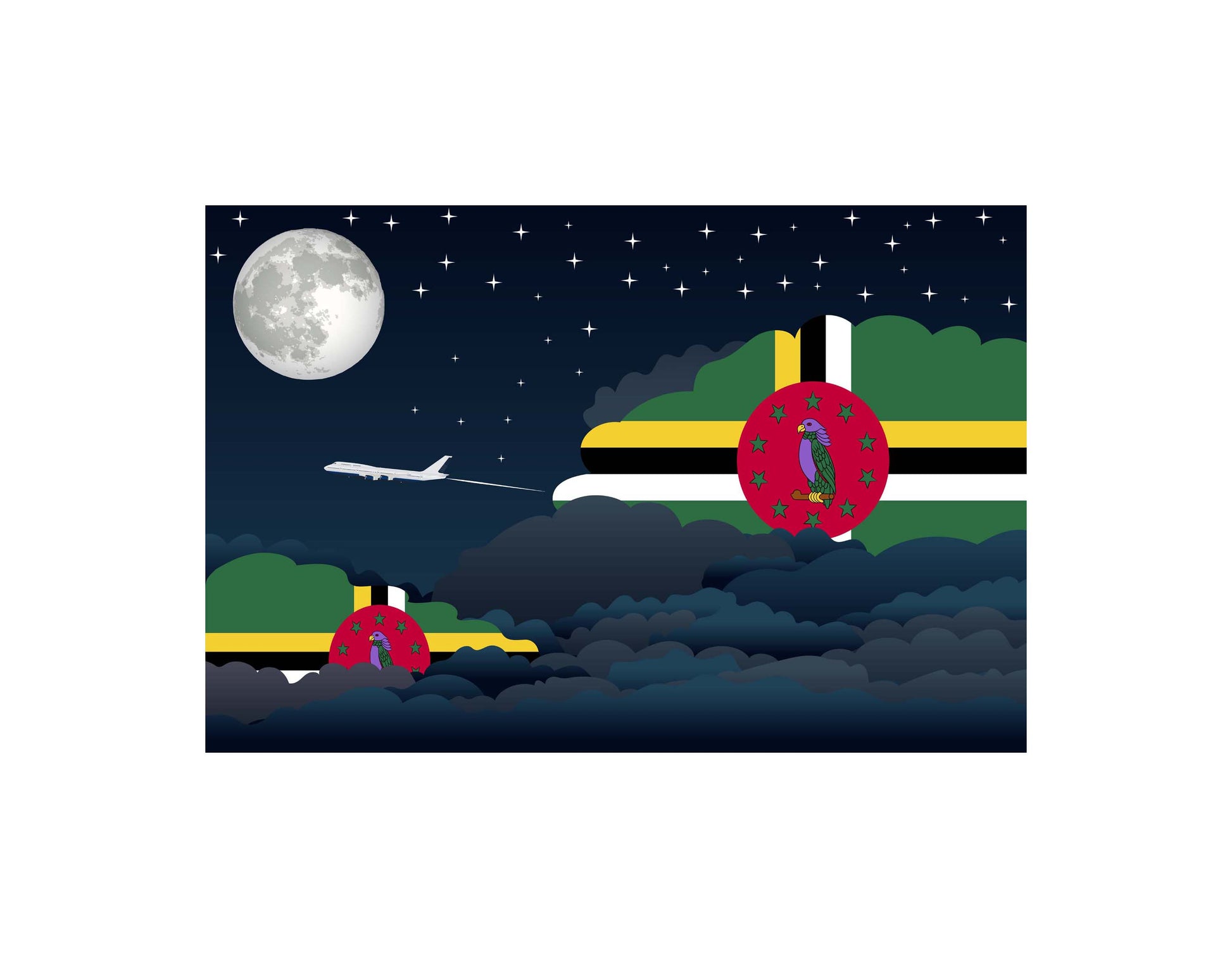 Dominica Flag Night Clouds Aeroplane Airport Flying Vector Illustration