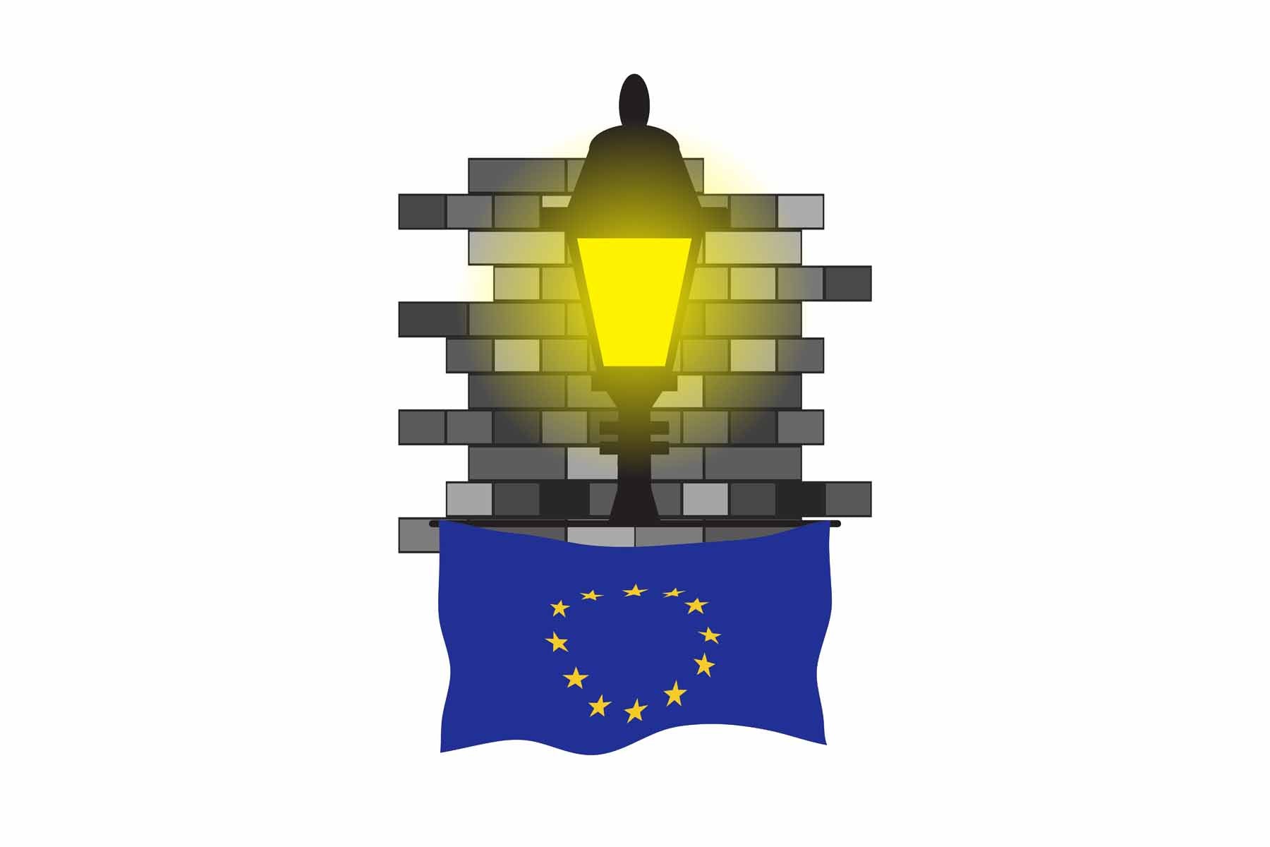 European Union World Street Lamp Bricks Dark Night Vector Illustrations | Moonlit Urban Landscape Collection