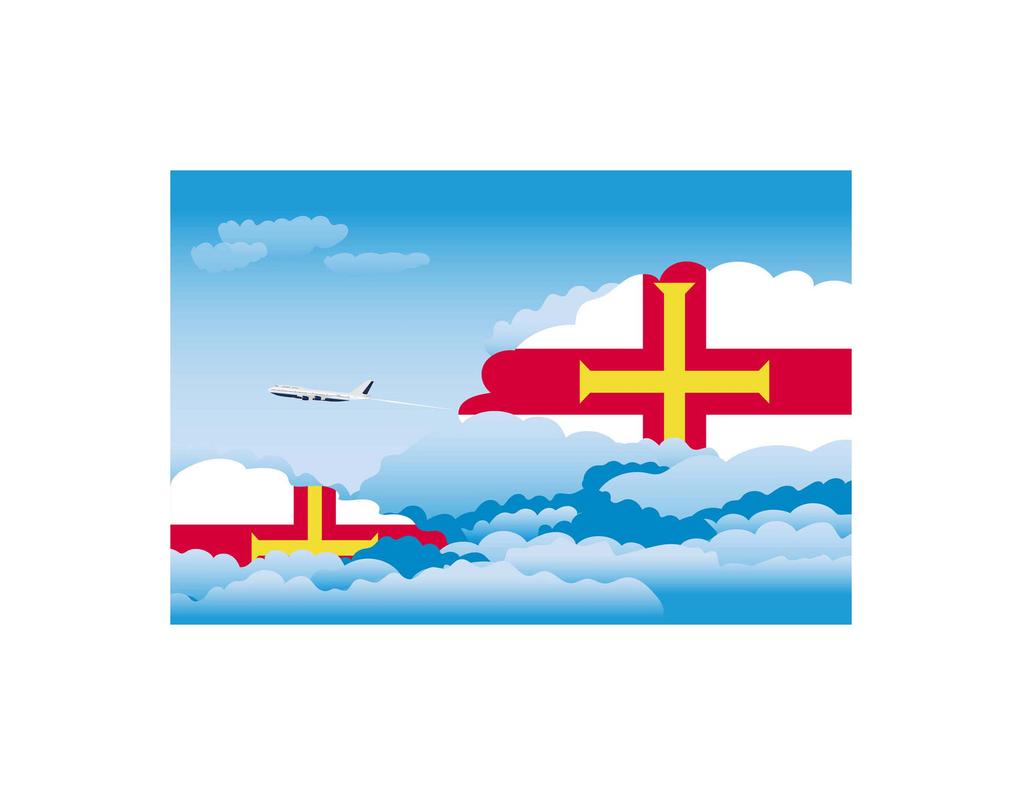 Guernsey Airplane Day Clouds Vector Illustration | Travel & Aviation Sky Scene
